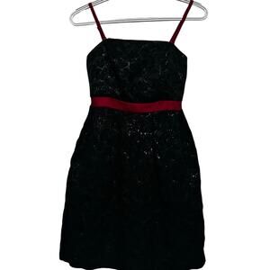 Eric + Lani Juniors Black Shiny Dress Red Waist‎ Band & Spaghetti Straps Size XS